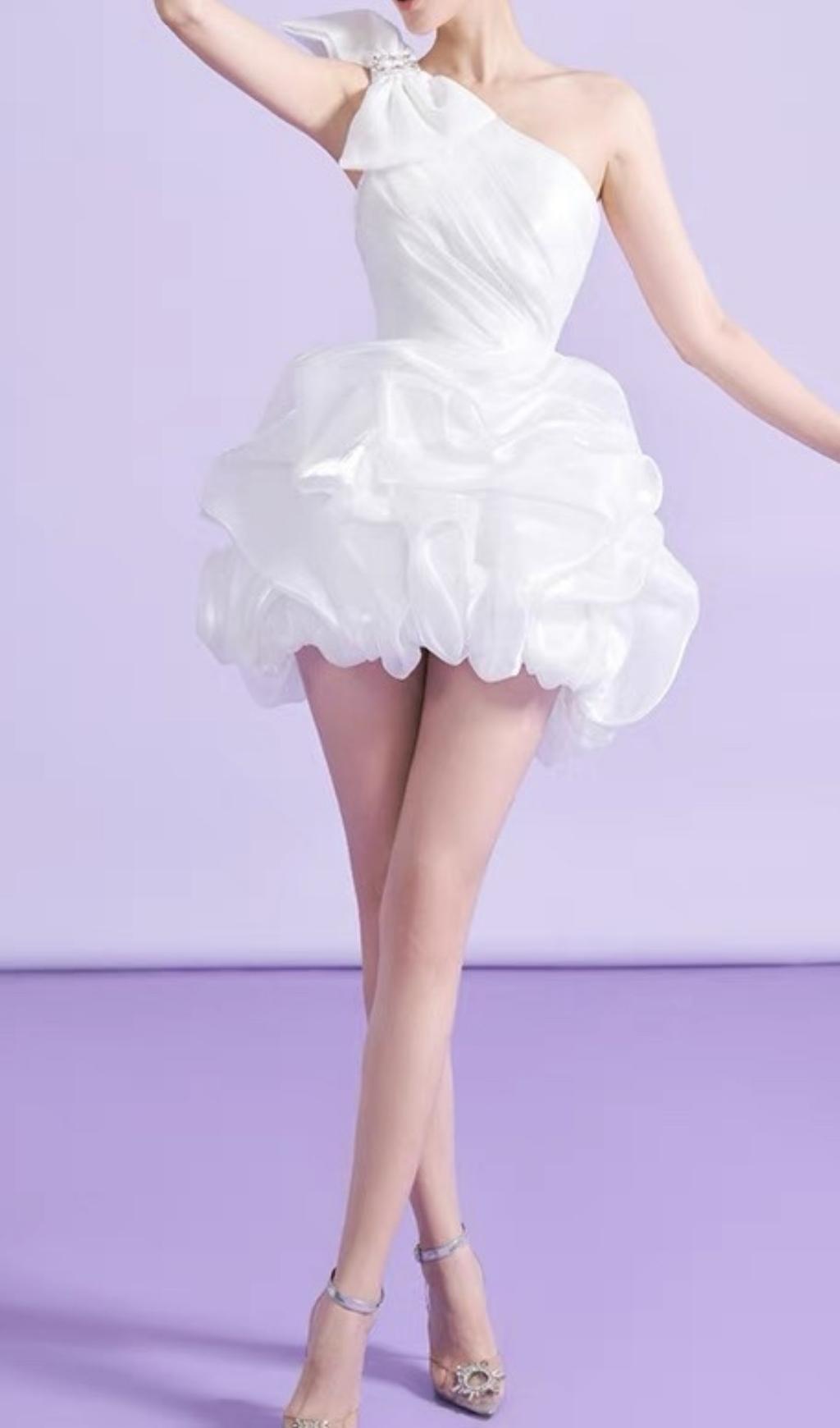 WHITE ONE SHOULDER BOWKNOT MINI DRESS-Dresses-Oh CICI SHOP