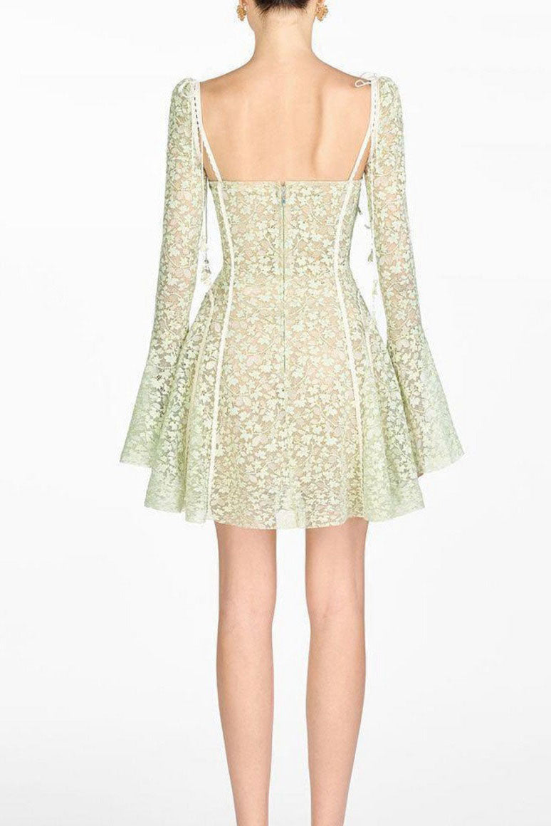 TERESA TRUMPET SLEEVE LACE EMBROIDERY MINI DRESS IN GREEN