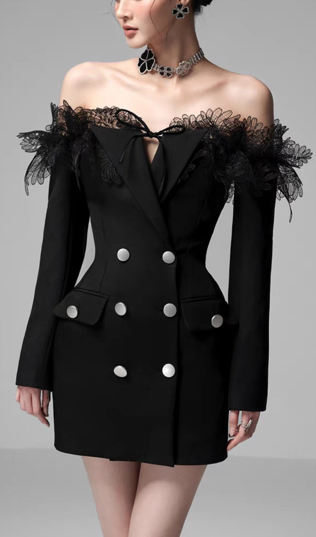 3D EMBROIDERED OFF-SHOULDER DOUBLE BREATHED MINI DRESS IN BLACK