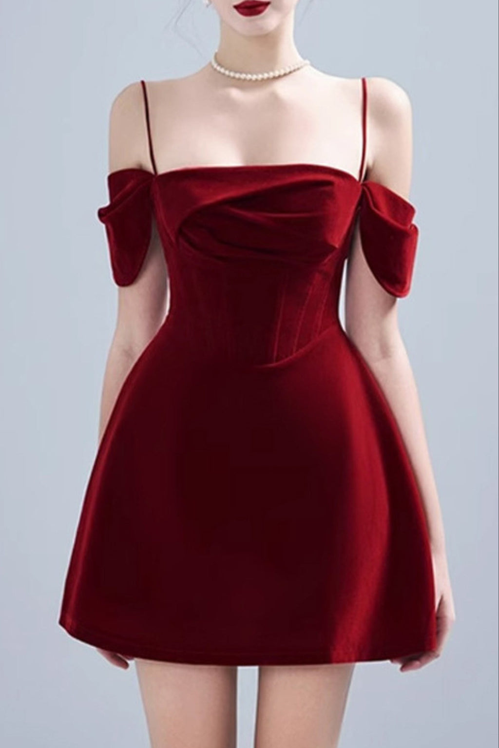 VELVET STRAP MINI DRESS IN CLARET