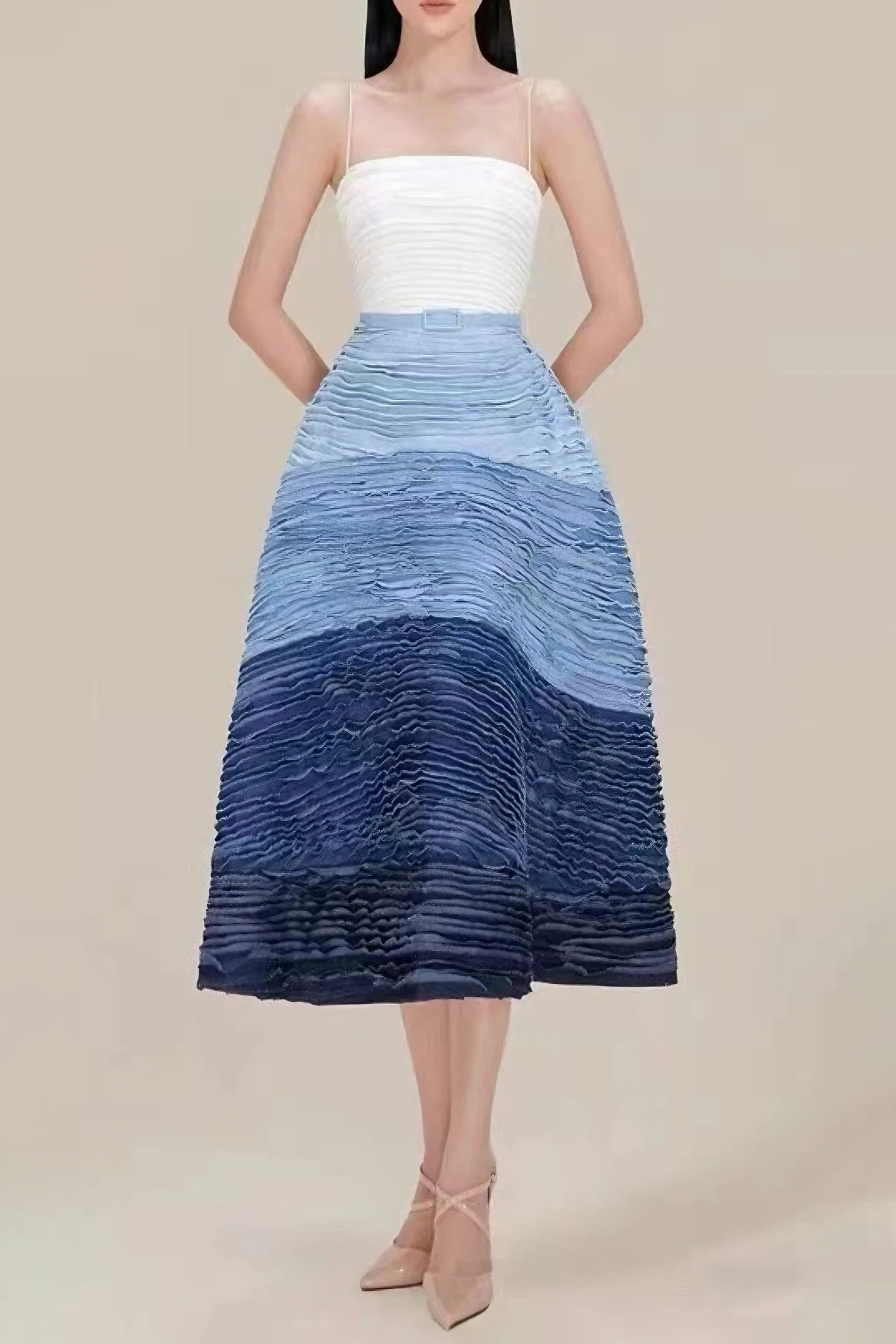 BLUE RIPPLE HALTER MIDI DRESS