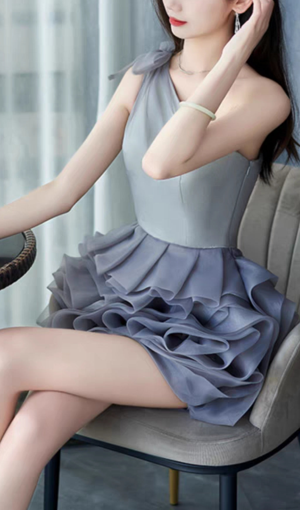 ONE SHOULDER MESH MINI DRESS IN GREY