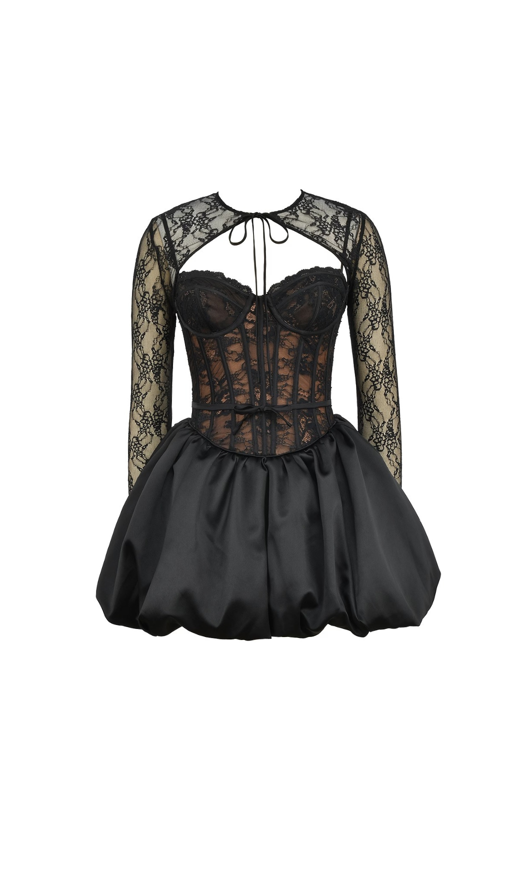 sally lace puffball mini dress in black