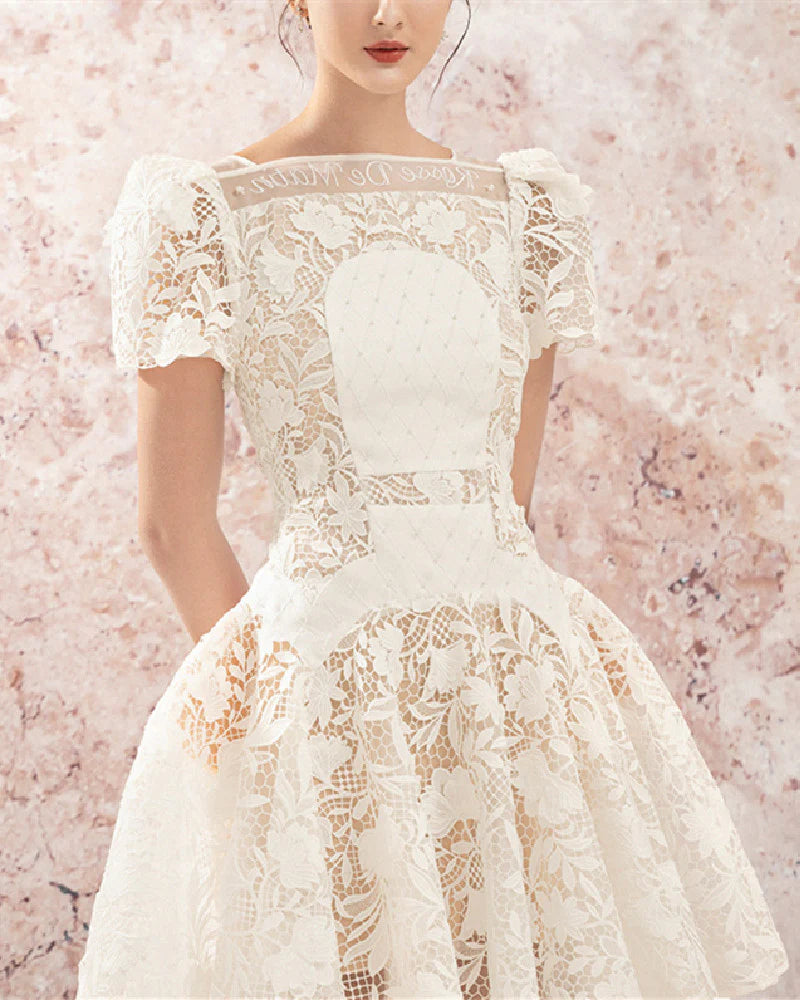 rose sleeve lace hollow mini dress in white