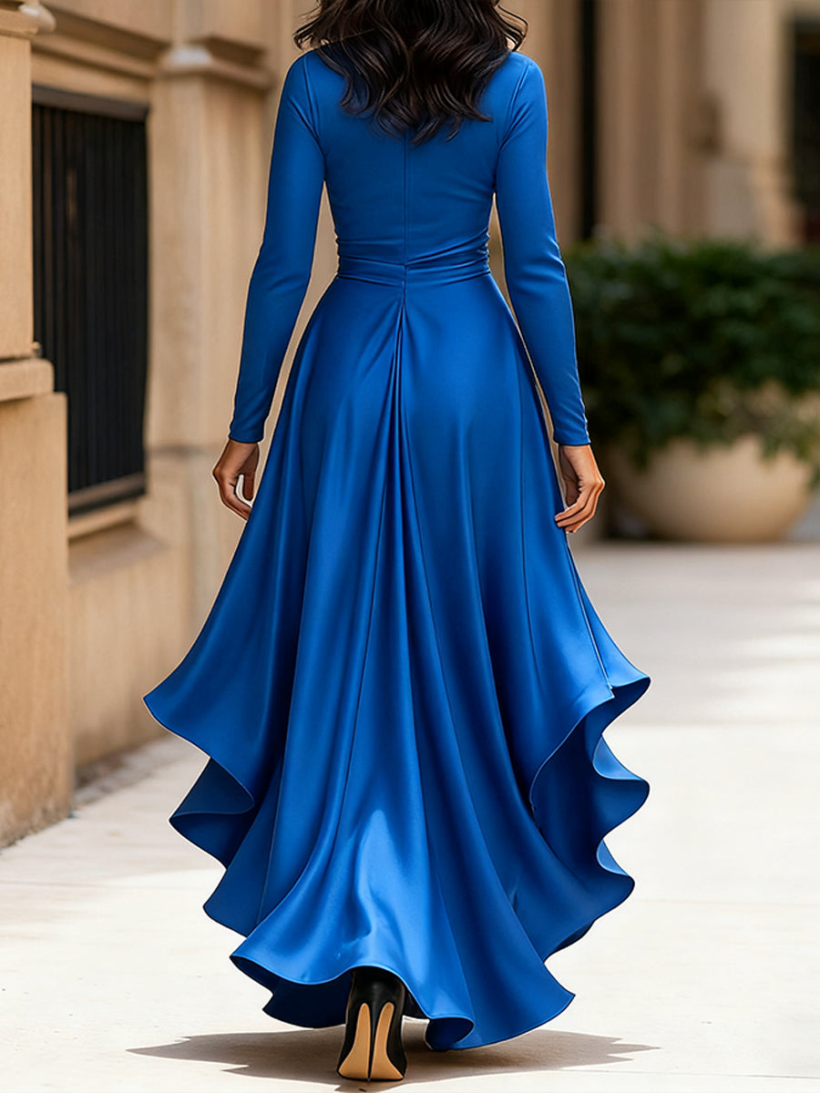 Midnight Blue Draped Satin Maxi Dress With Ruffle Details