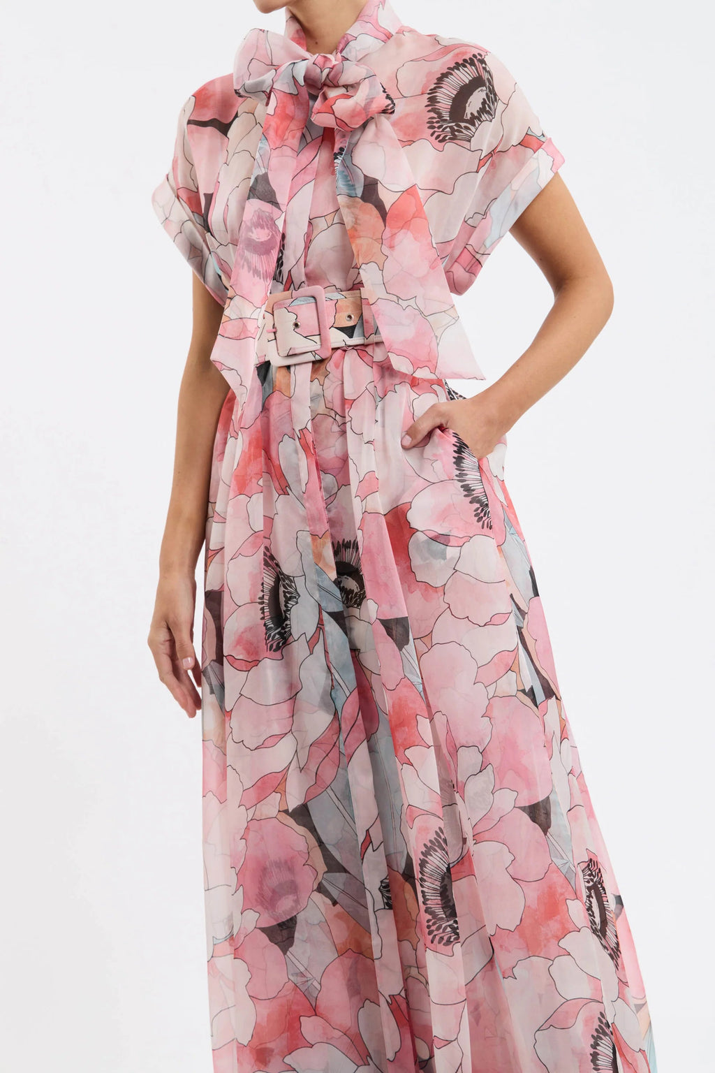 floral print silk organza maxi dress in pink-multi