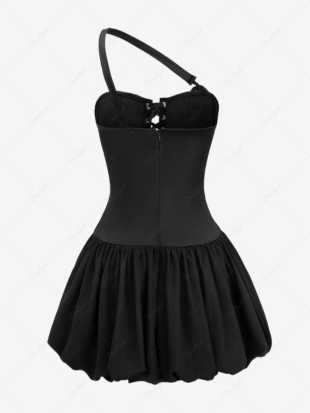 Gothic Lace Up Asymmetric Shoulder Strap Bandeau Tulip Mini Dress