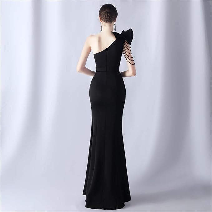 BLACK ONE SHOULDER FLOWER CUT OUT SLIT MAXI DRESS
