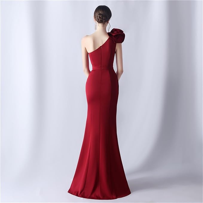 RED ONE SHOULDER FLOWER CUT OUT SLIT MAXI DRESS