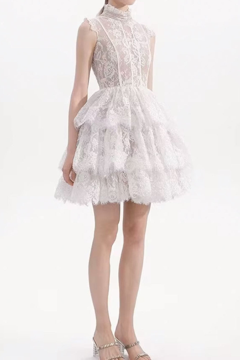 Sleeveless Stand Collar Lace Tutu mini dress in white