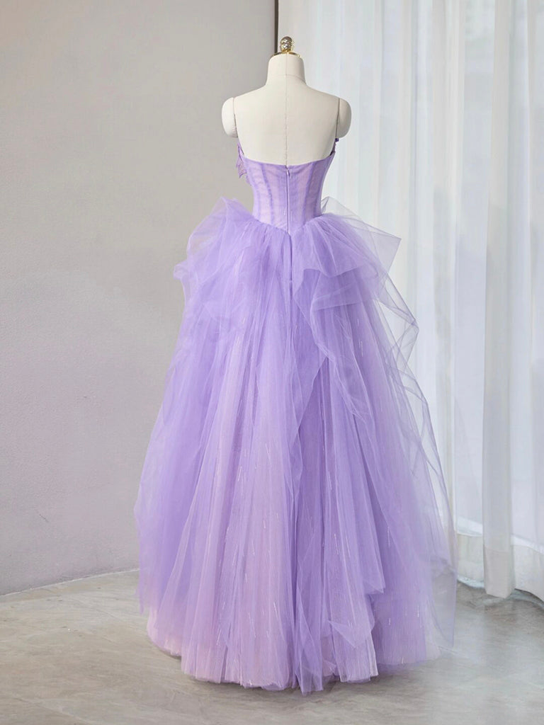 A-Line Tulle Lace Applique Purple Prom Dress