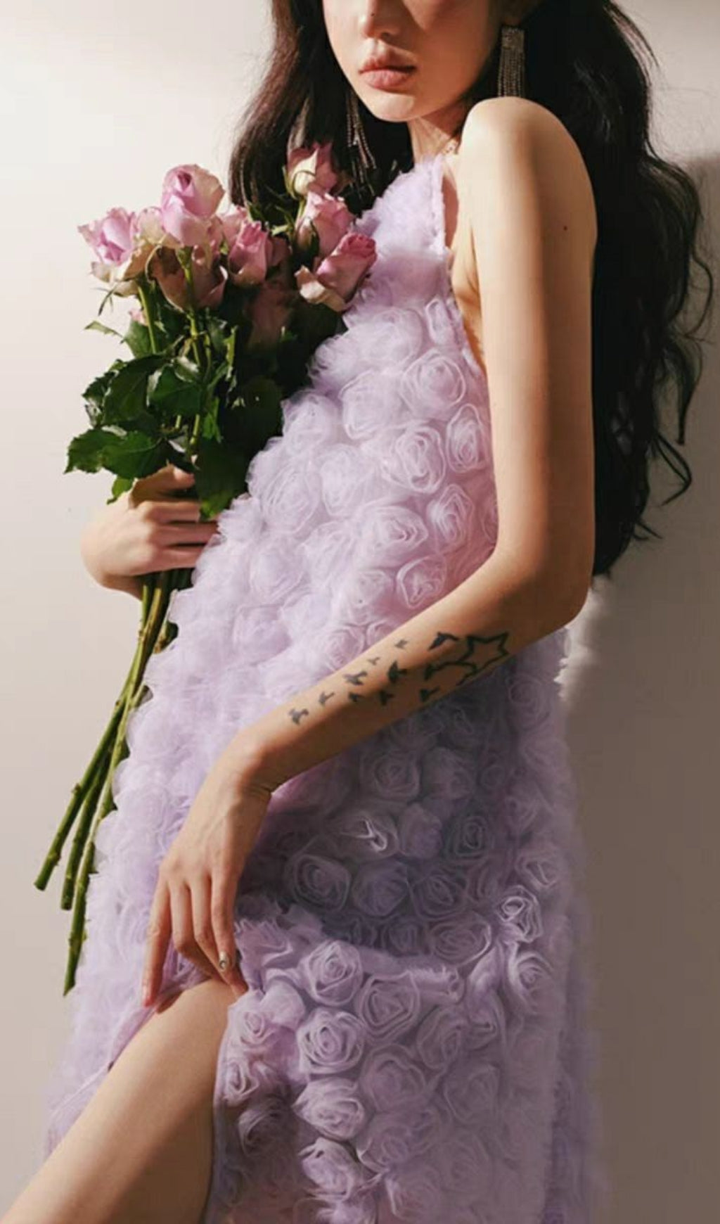 3D PURPLE ROSE HALTER NECK BACKLESS MIDI DRESS