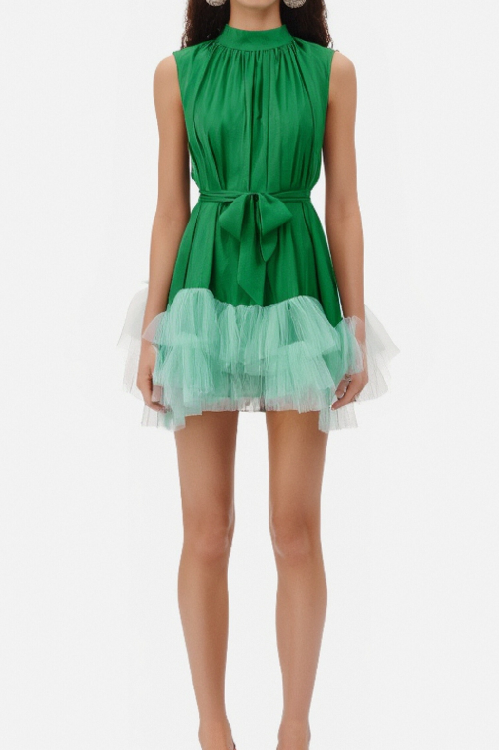 half-high-neckline tulle mini dress in green
