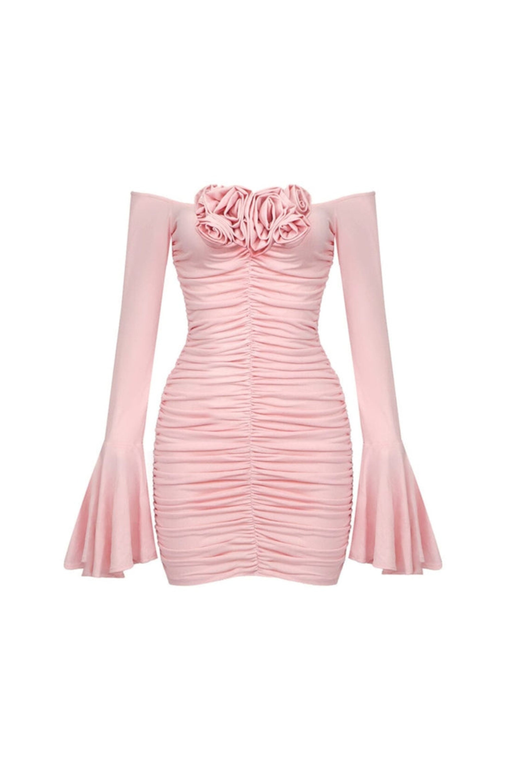 FLOWER-EMBELLISHED RUCHED MINI DRESS IN COTTON CANDY