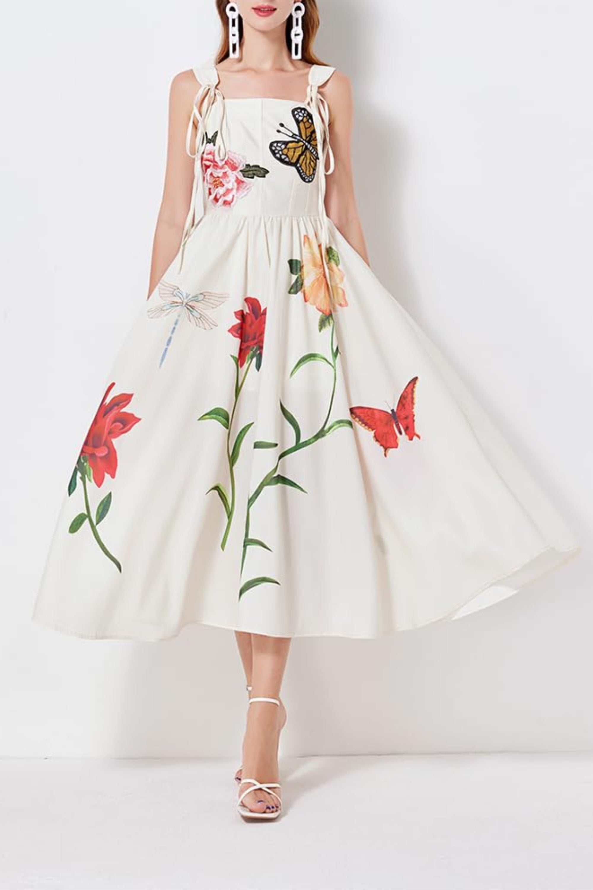 BUTTERFLY FLOWER PRINY MIDI DRESS IN GRAY