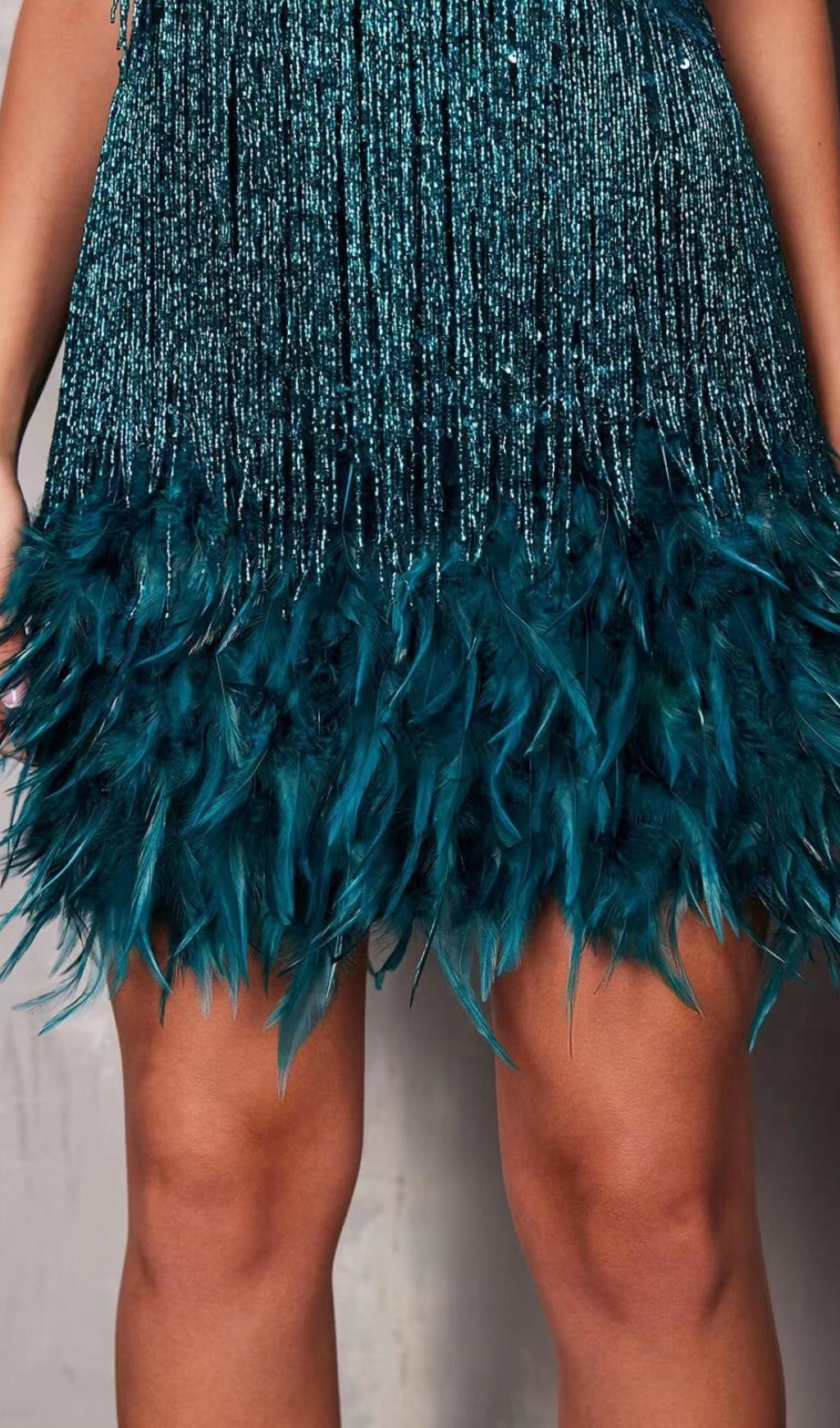 EMERALD TASSEL FEATHER MINI DRESS