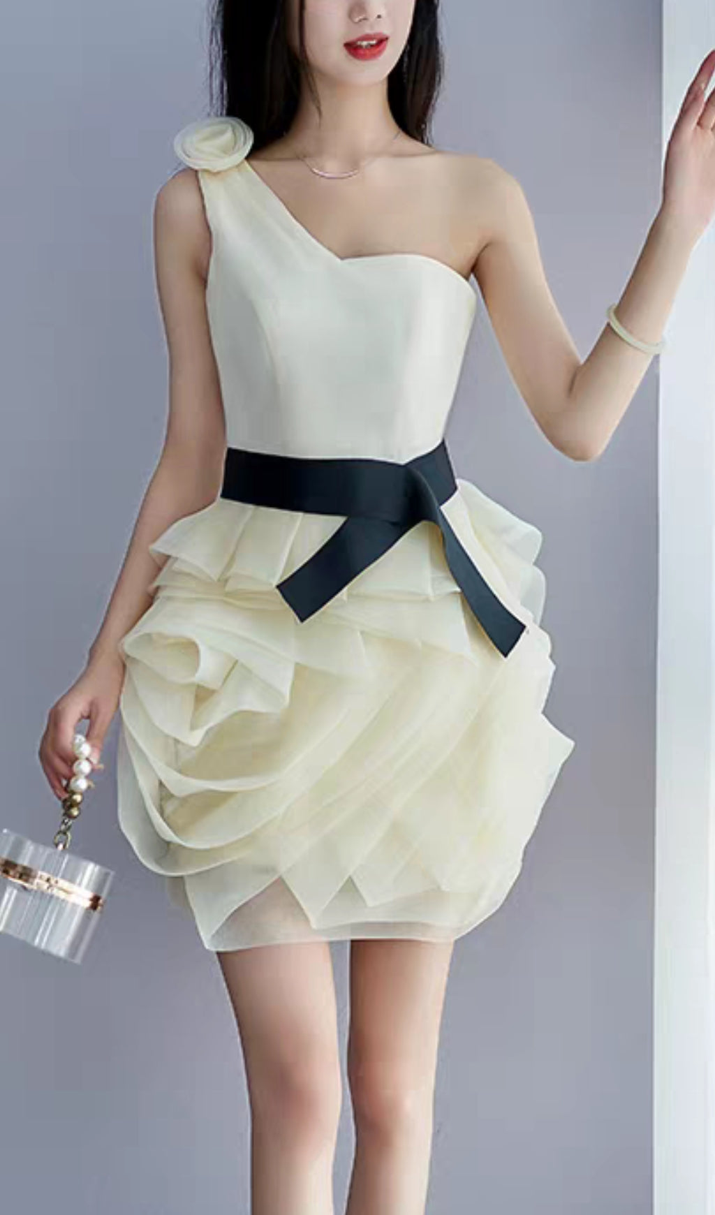 ONE SHOULDER MESH MINI DRESS IN GREY