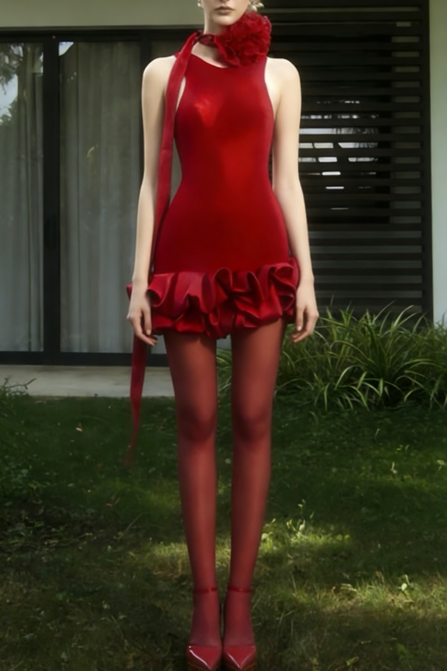 flower trim sleeveless mini dress in red