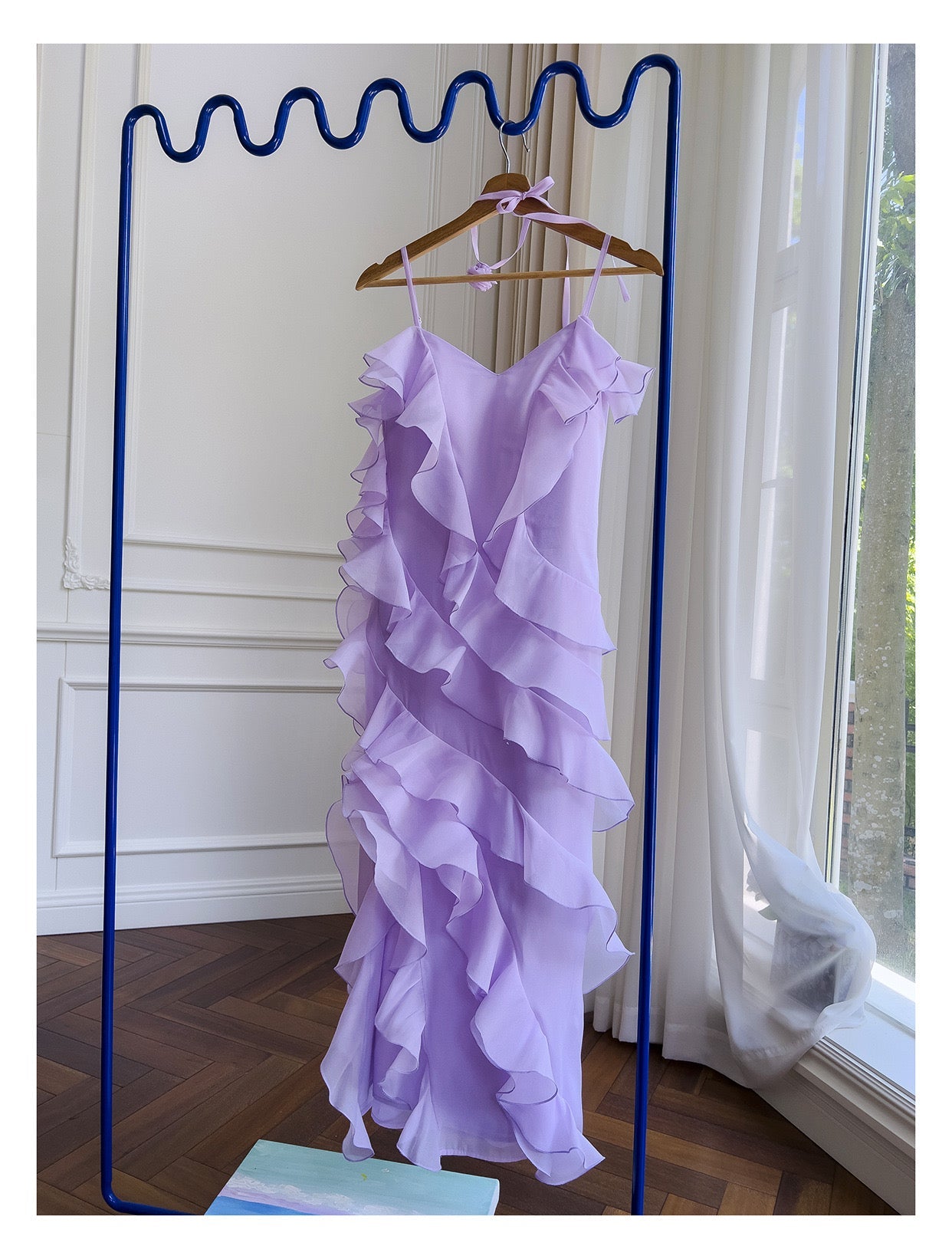 Lavender Asymmetric Ruffle Layer Organza Midi Dress