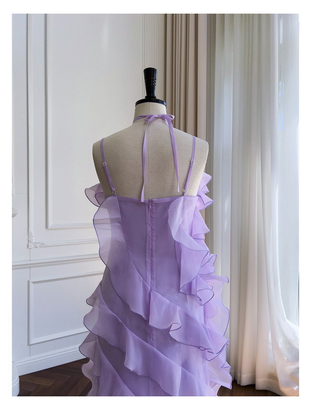 Lavender Asymmetric Ruffle Layer Organza Midi Dress