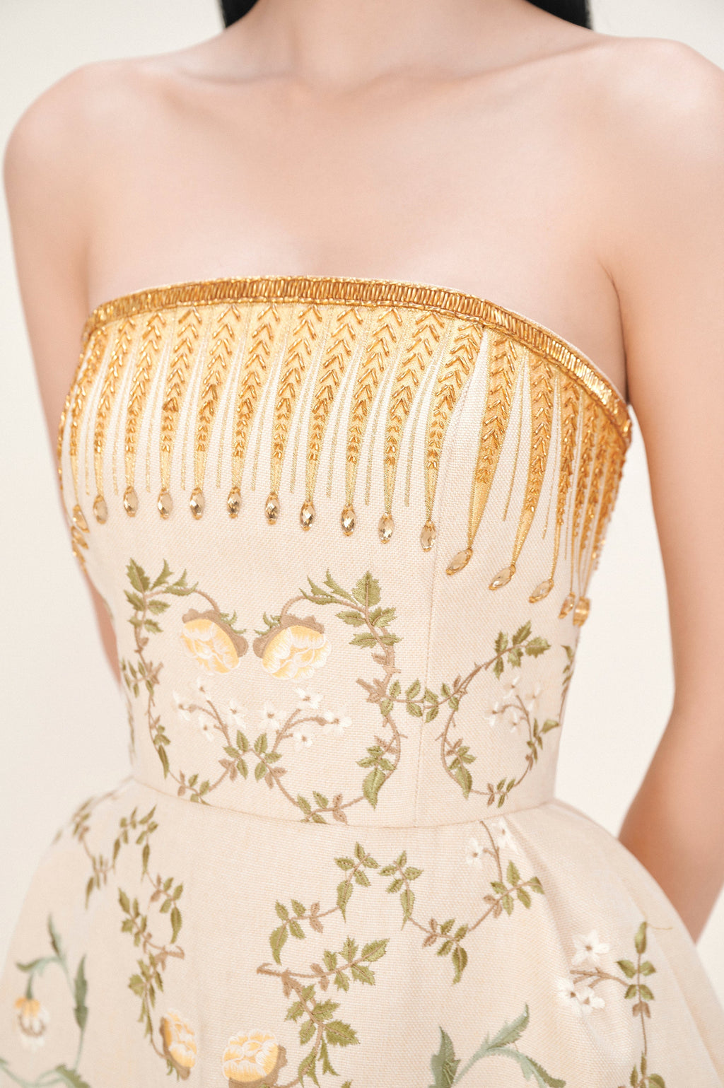 EMBROIDERED PRINTED MIDI DRESS IN BEIGE