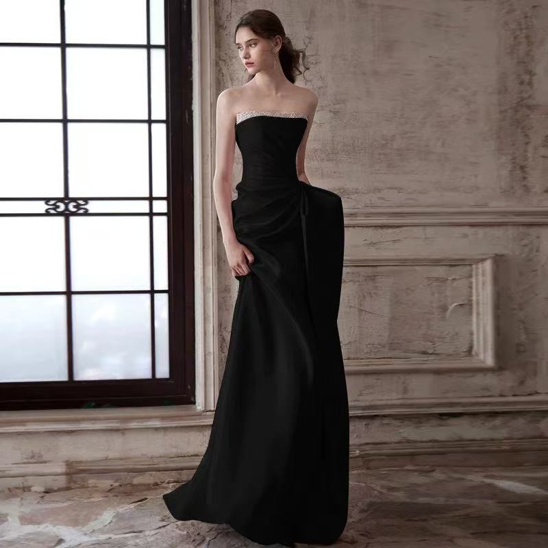Mermaid Ruched Strapless Beading Black Prom Dress