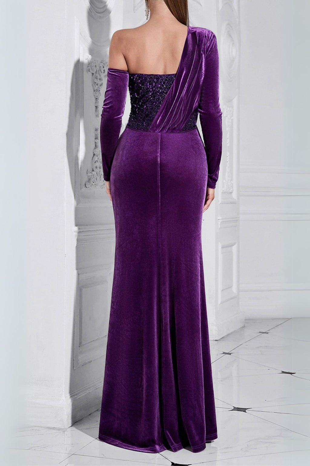 one shoulder sequin-embellished velvet maxi dress in purple