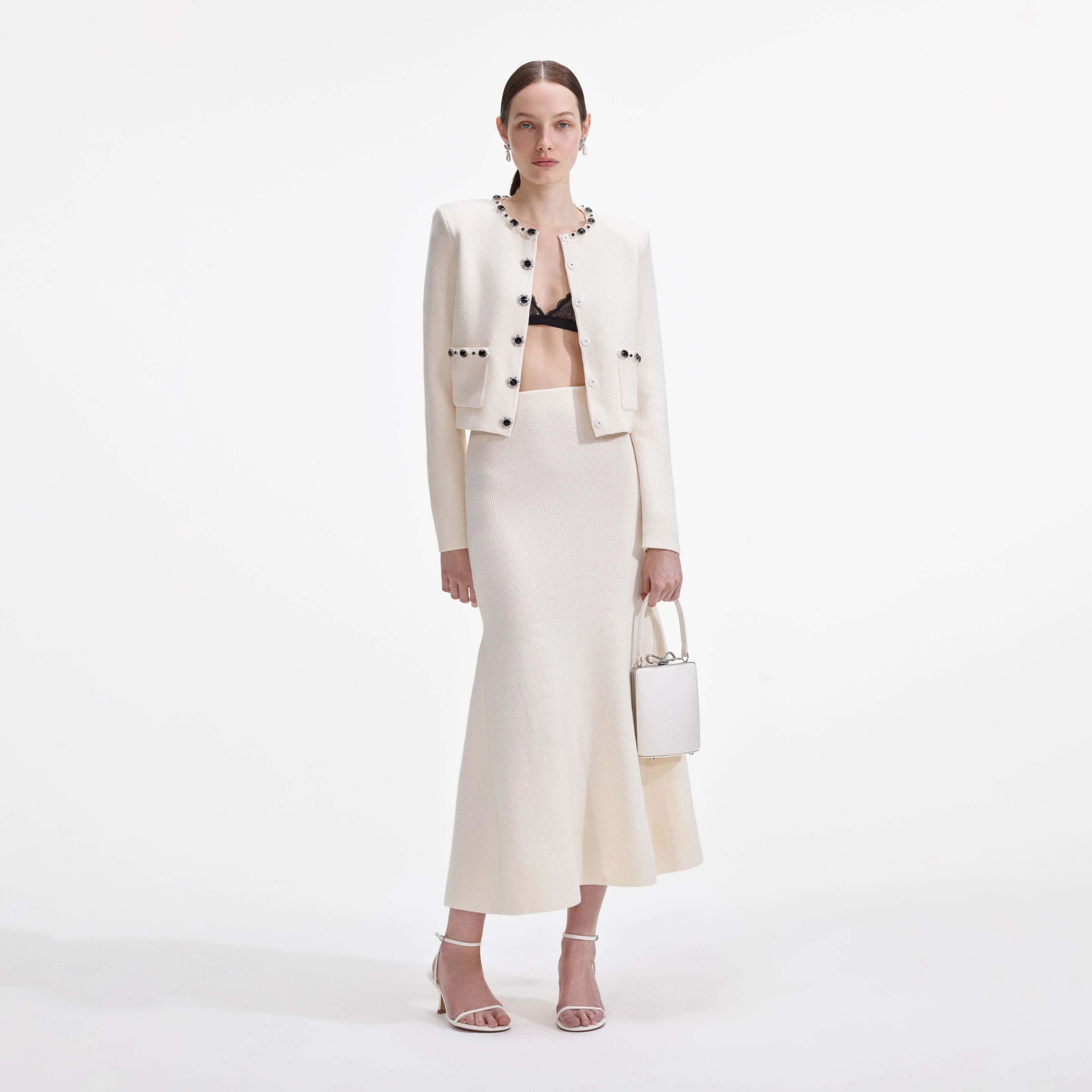 virginia Cream Embellished Cardigan skirt set
