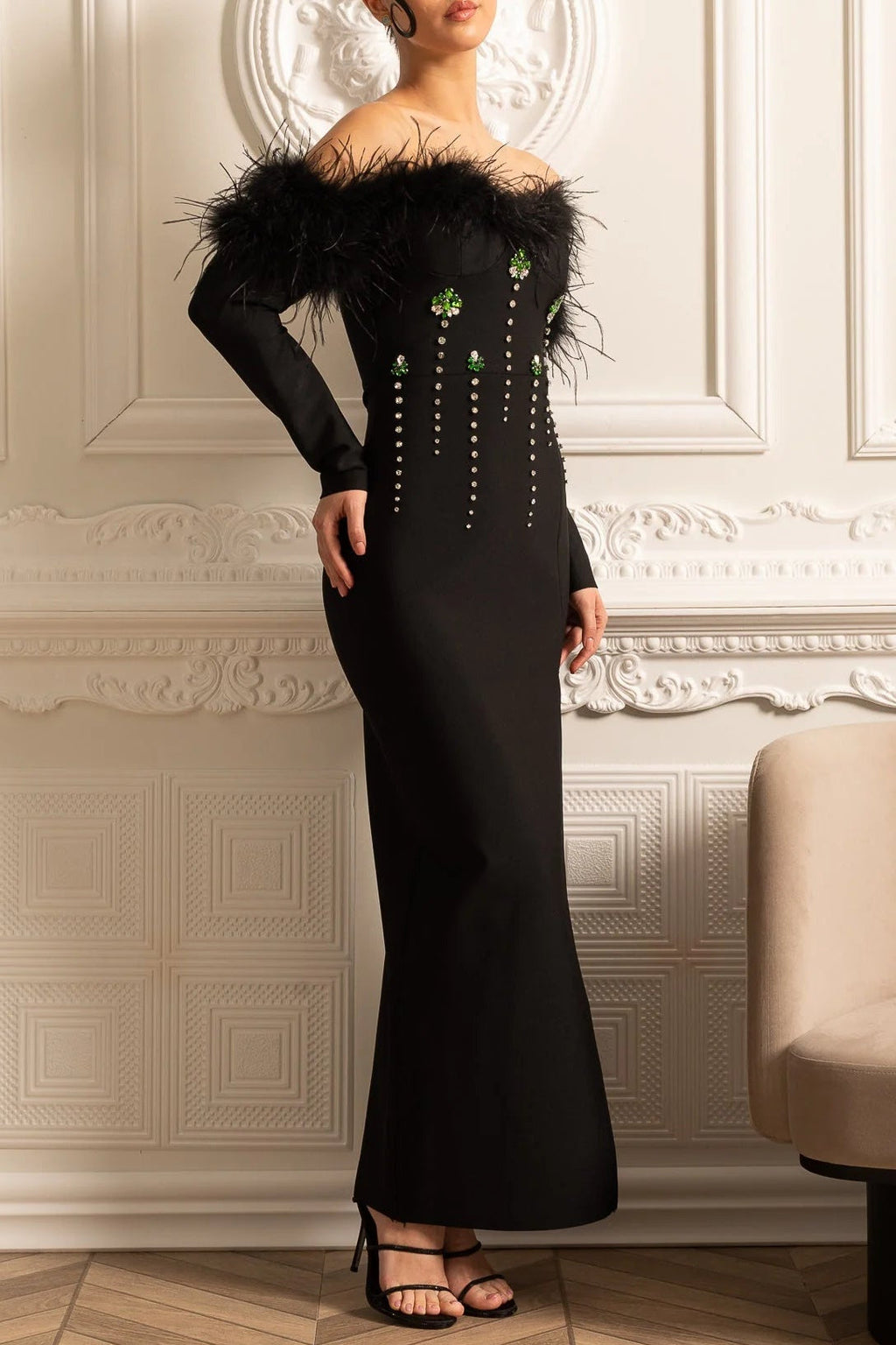 lara sequin high slit Feather Adorned maxi Dress - Black
