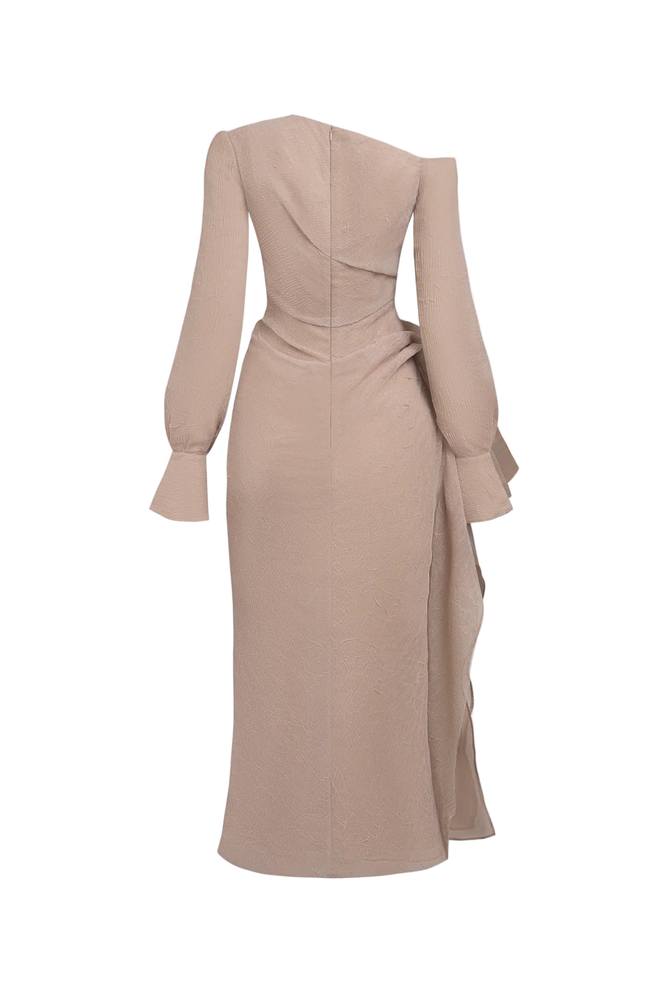 brianna Asymmetric Long Sleeve pleated maxi Dress in beige