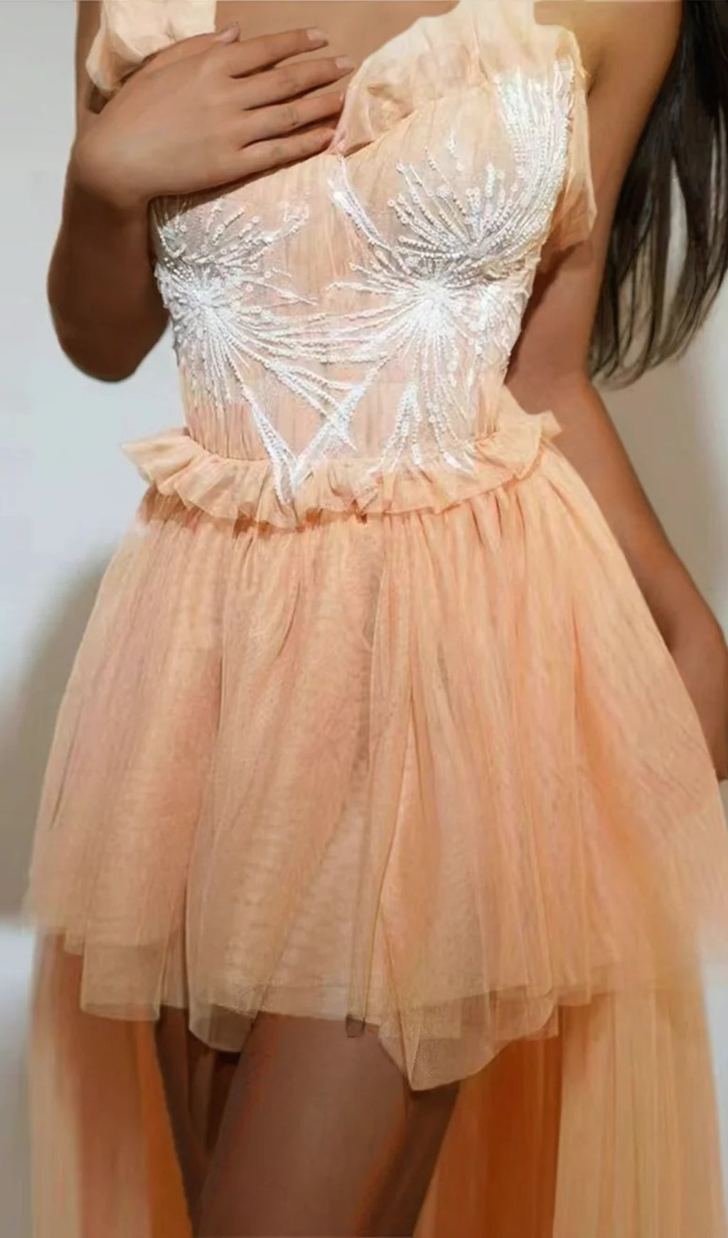 Kalene Strapless Ruffle Tulle Dress In Apricot