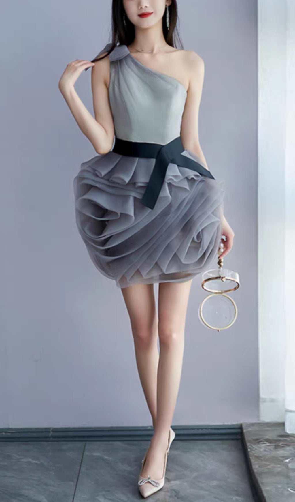 ONE SHOULDER MESH MINI DRESS IN GREY