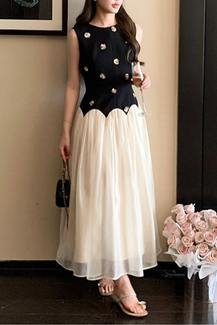 Stereoscopic Flower sleeveless mesh midi dress