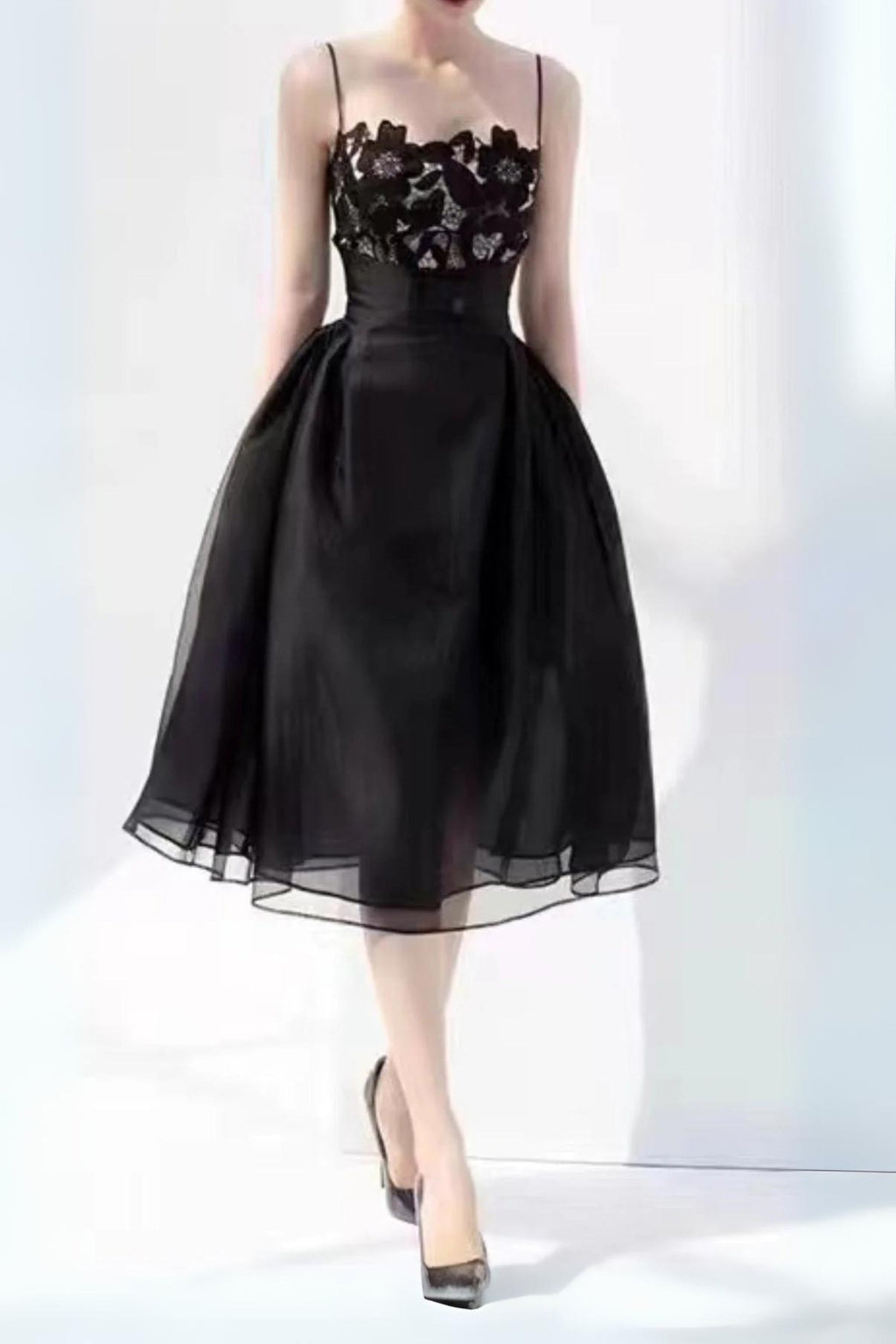 BLACK LACE CAMISOLE MIDI DRESS