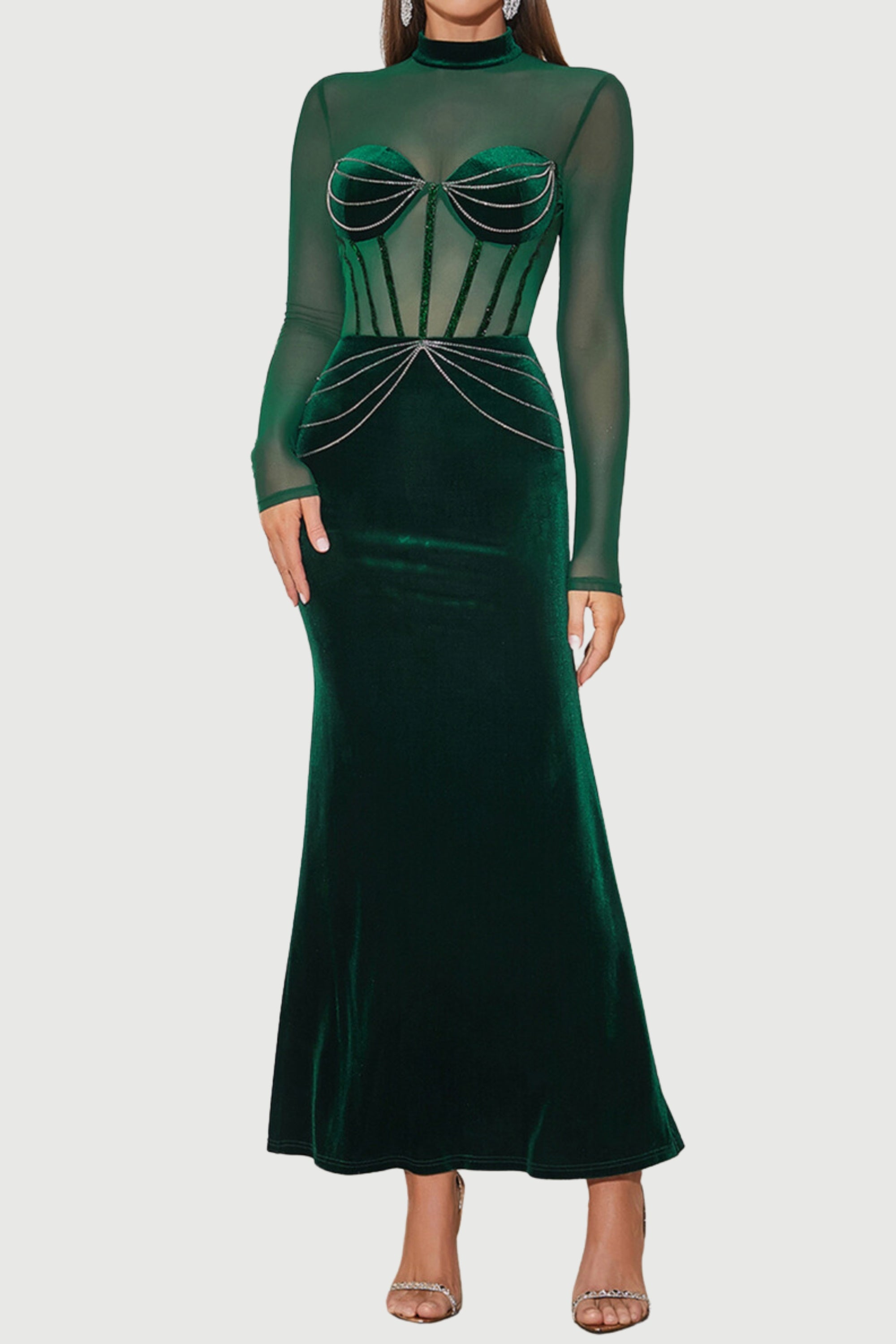 LONG SLEEVE BUSTIER MAXI VELVET DRESS