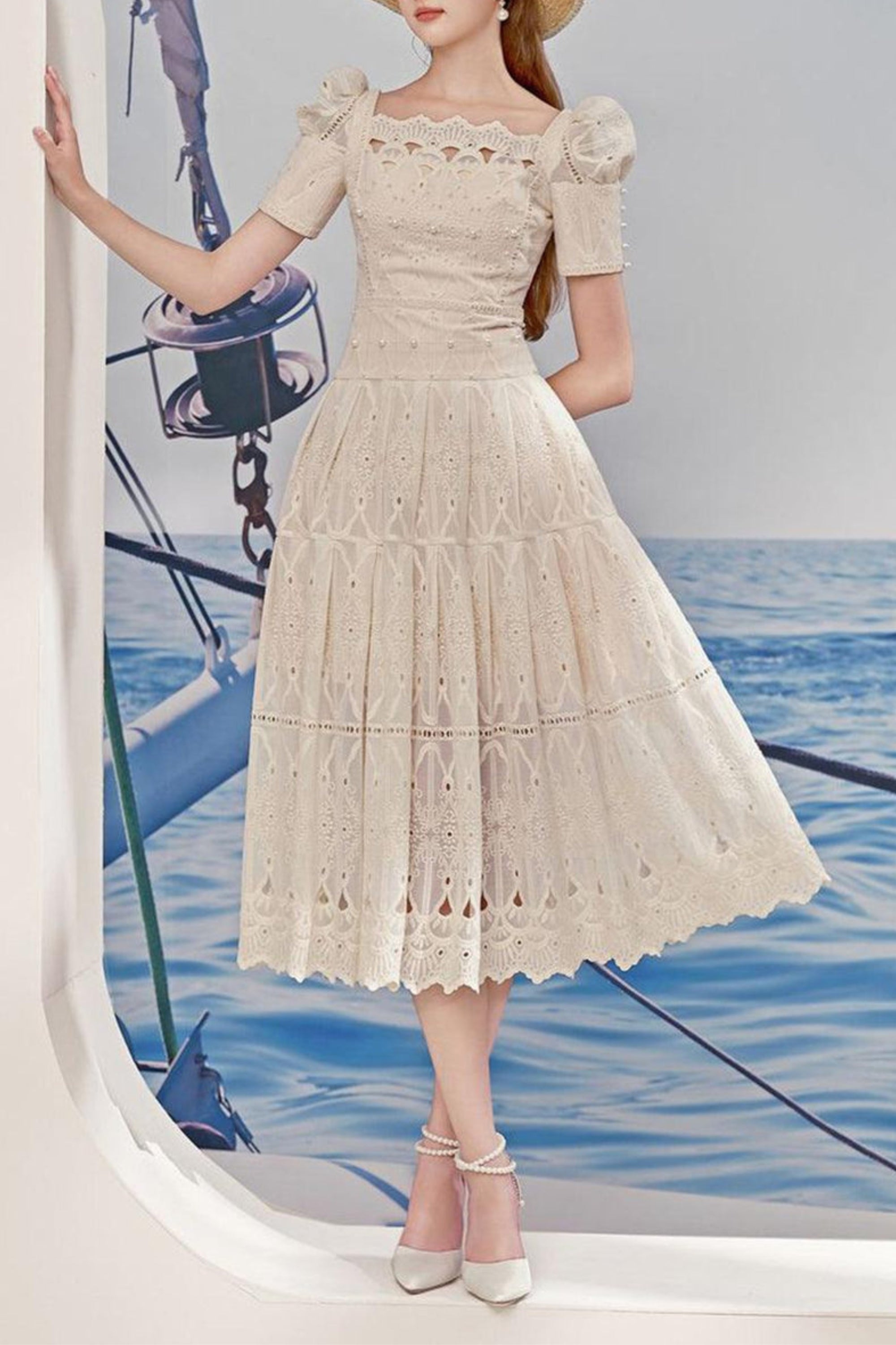 A-line Leg Of Mutton Sleeved Lace Midi Dress