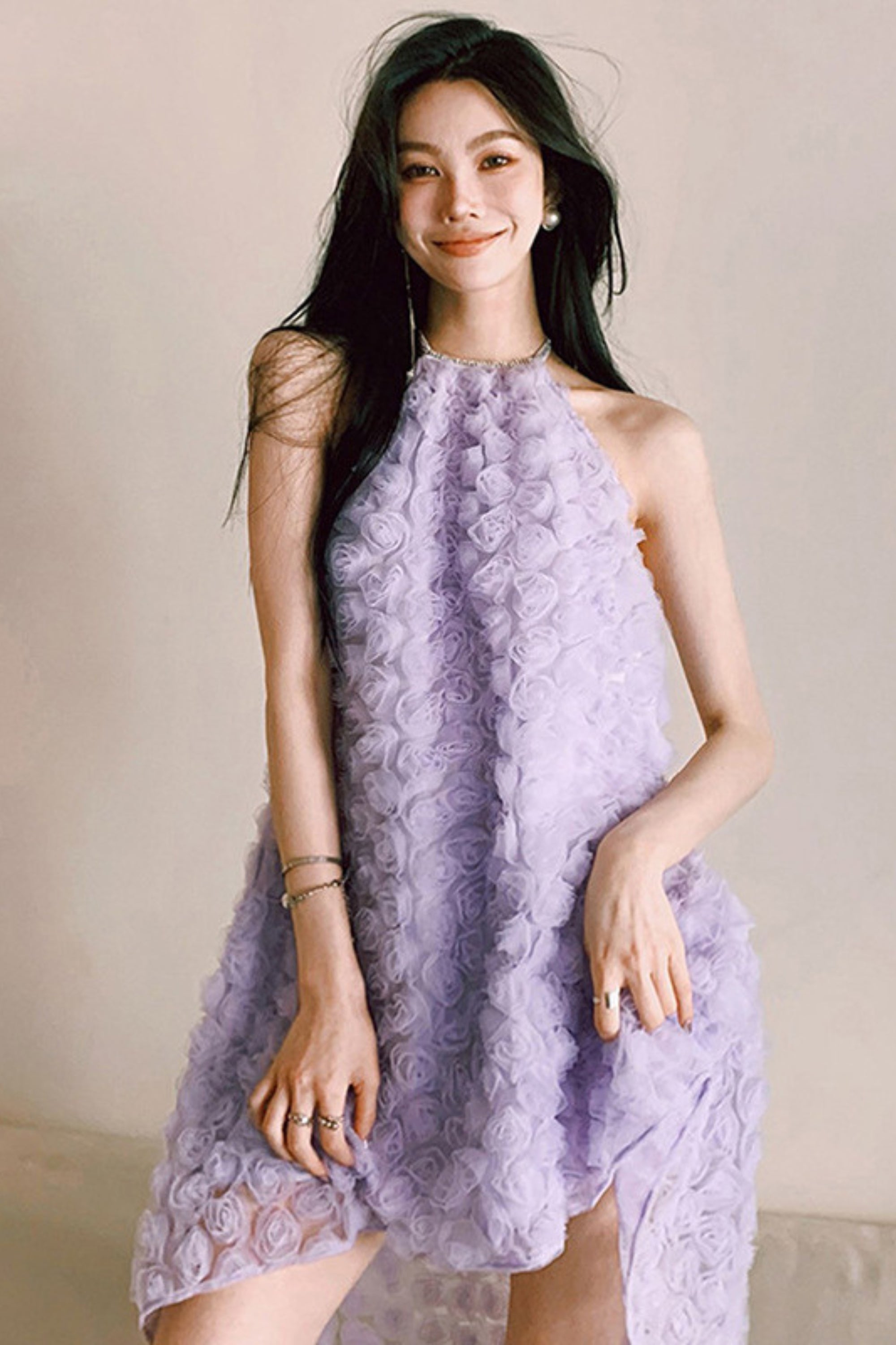 3D PURPLE ROSE HALTER NECK BACKLESS MIDI DRESS