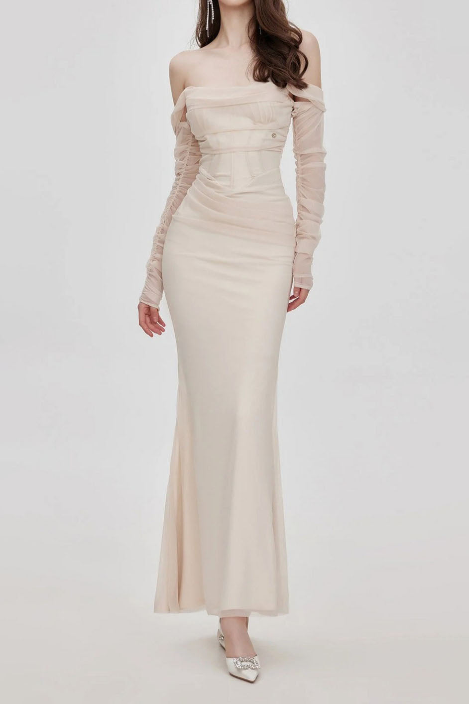 Ariel apricot Mesh Off-Shoulder Mermaid maxi Dress