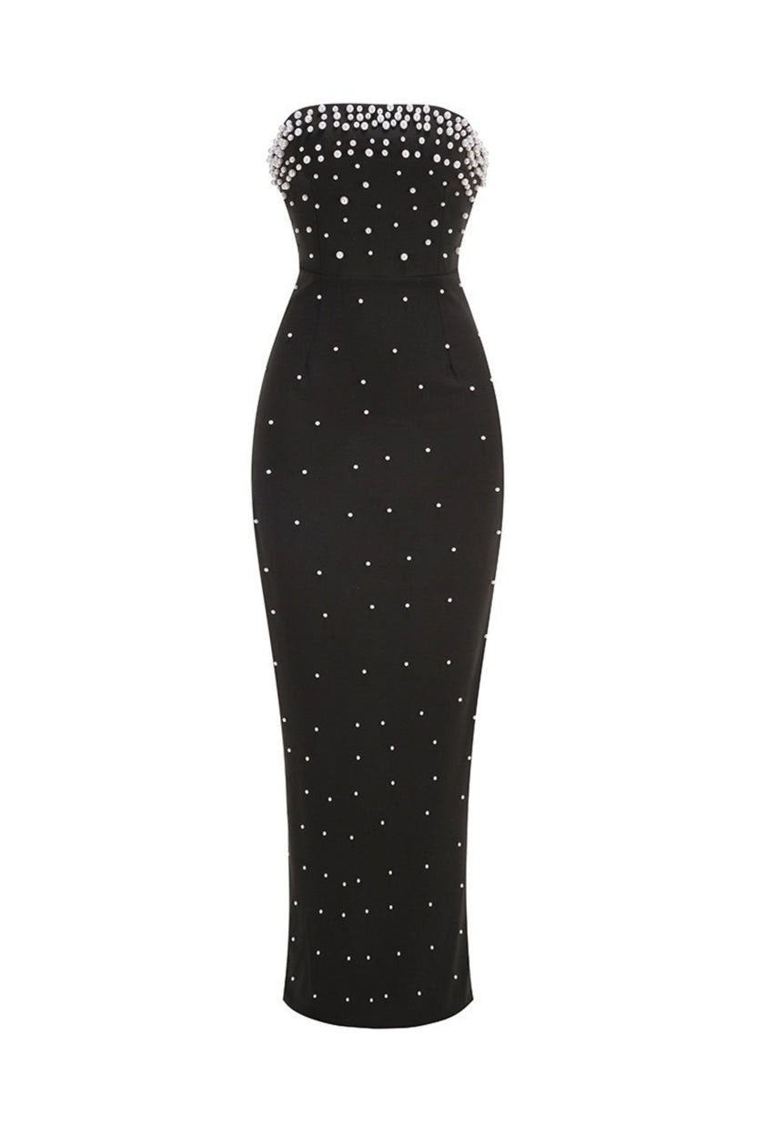 pearl-embellished strapless gown in black
