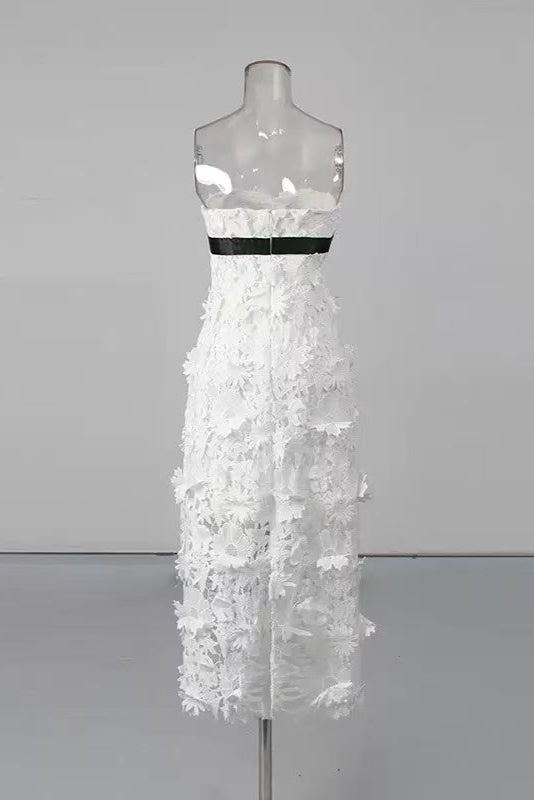 Strapless Flower Embroidery Maxi Dress In White