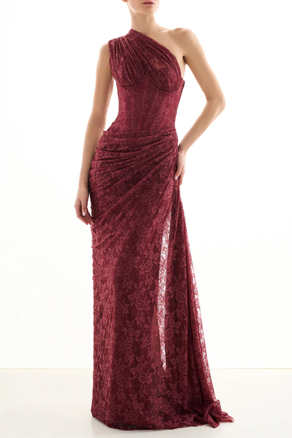 Wendy one-shoulder Lace maxi Dress In Burgundy