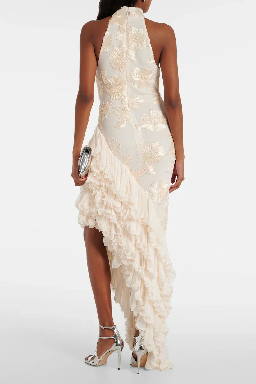 roberta white Asymmetric appliqué halter sleeveless midi dress