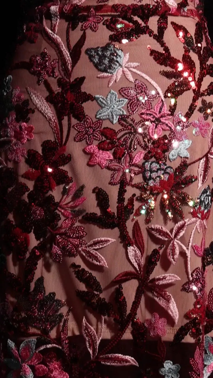 arabela CHACHI RED STRAPLESS FLOWER EMBROIDERY MAXI DRESS