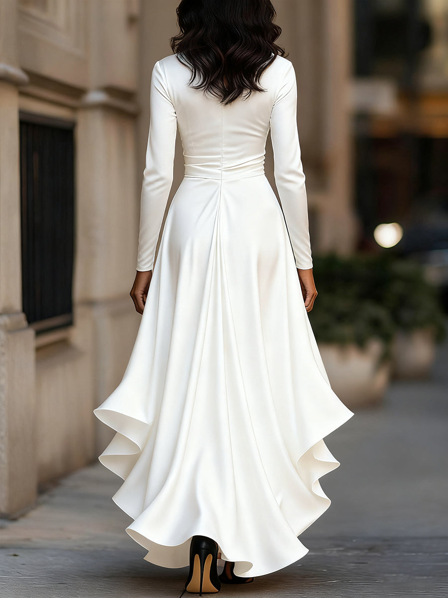 Midnight Blue Draped Satin Maxi Dress With Ruffle Details