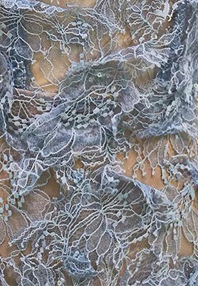 FLORAL AND RAMAGE EMBROIDERY MIDI DRESS IN BLUE