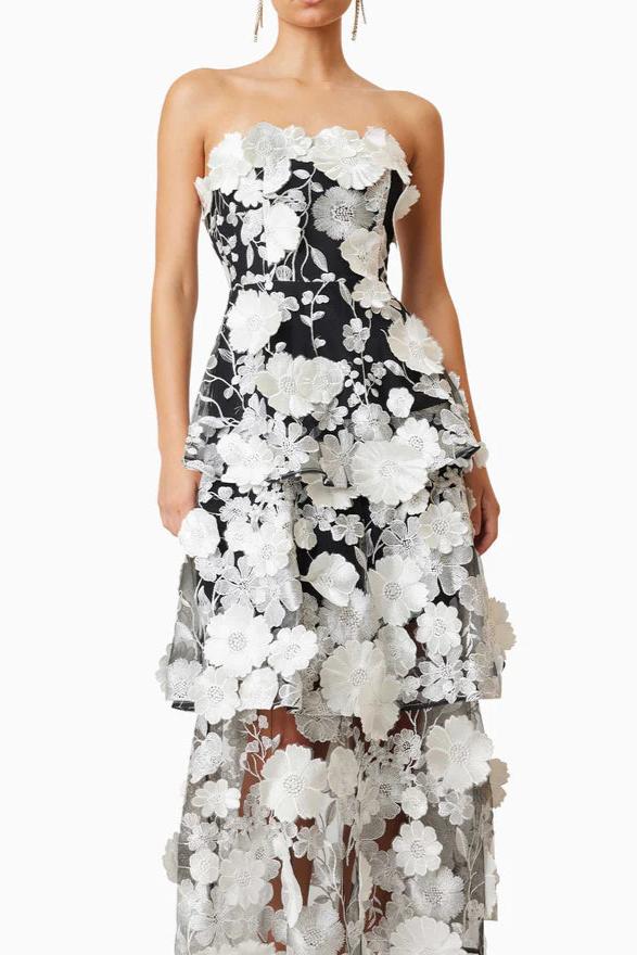 Selene 3D flower Tiered Maxi Dress In Black