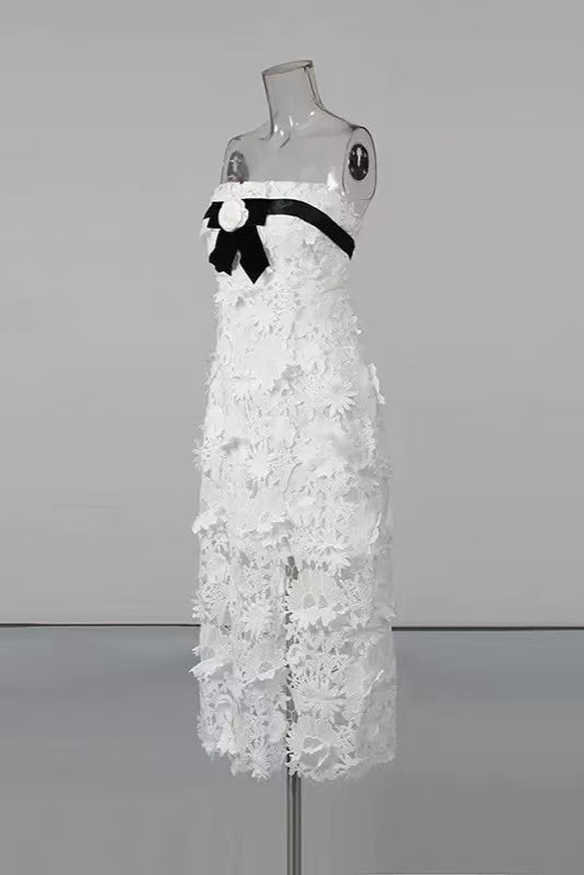 Strapless Flower Embroidery Maxi Dress In White