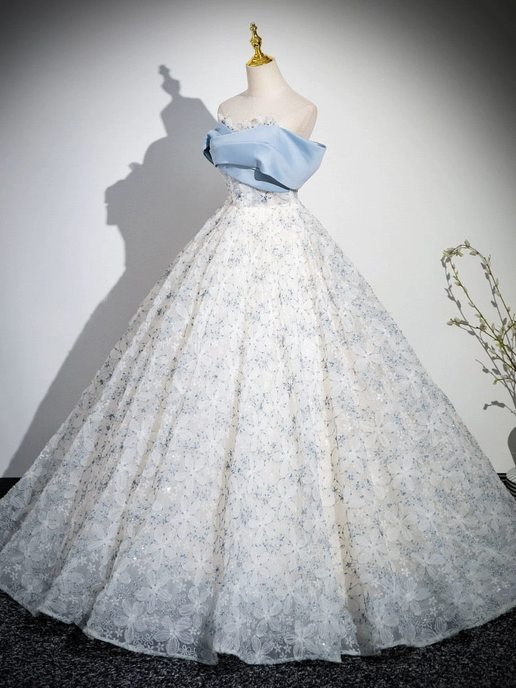 A-Line Off Shoulder Tulle Lace Blue Dress