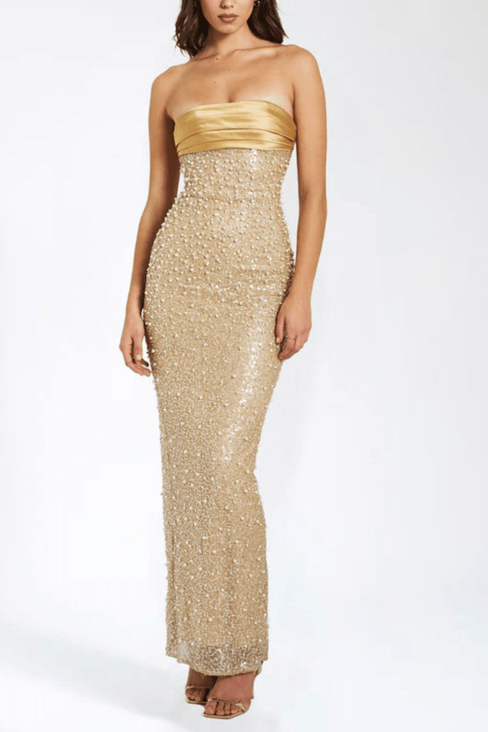 GOLD SATIN SEQUIN PEARLS BEADED MAXI DRESS