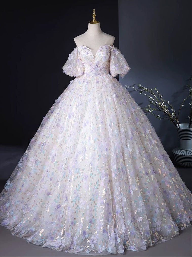 A-Line Neck Tulle Lace Light Purple Dress